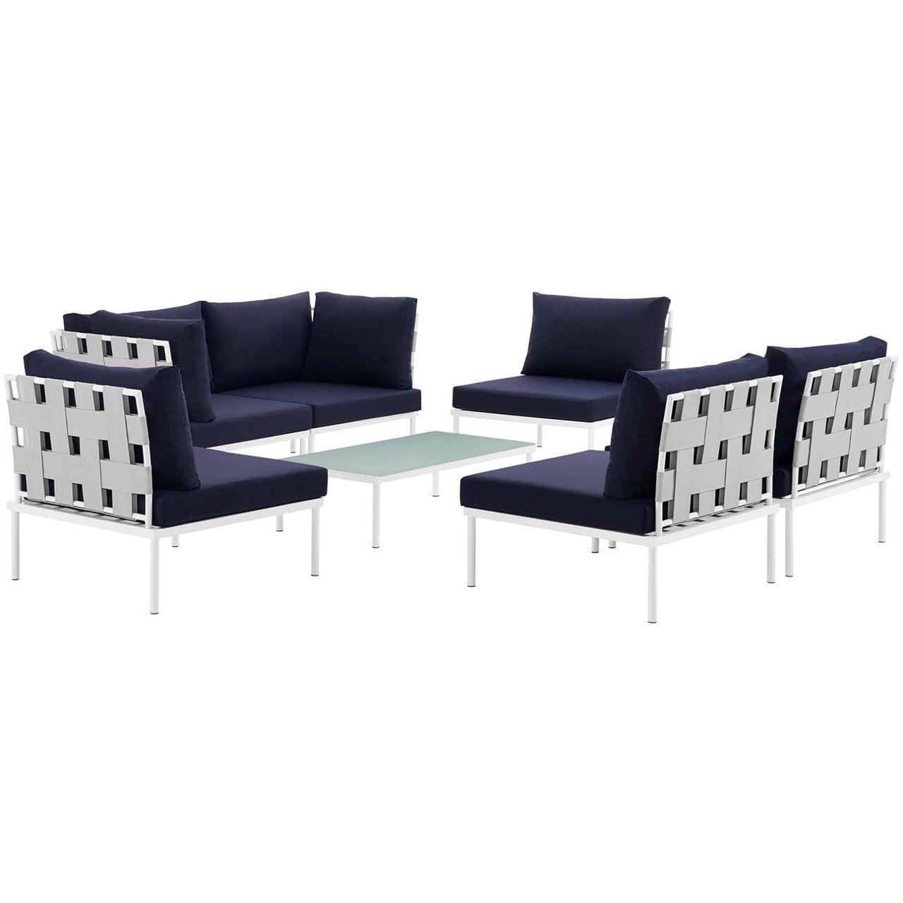 Harmony Seven PCS Outdoor Patio Aluminum Sectional Sofa Set, Navy, Rattan 11668