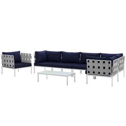 Harmony Seven PCS Outdoor Patio Aluminum Sectional Sofa Set, Navy, Rattan 11680