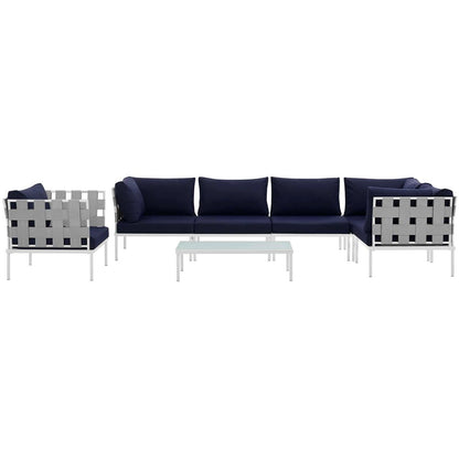 Harmony Seven PCS Outdoor Patio Aluminum Sectional Sofa Set, Navy, Rattan 11680
