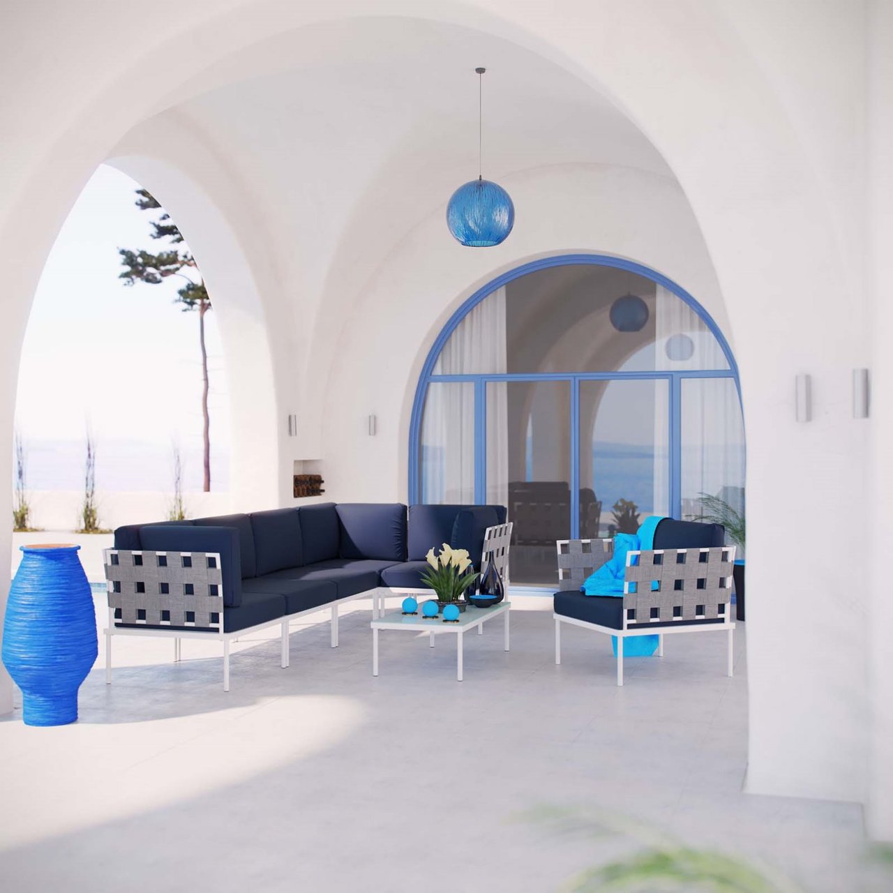 Harmony Seven PCS Outdoor Patio Aluminum Sectional Sofa Set, Navy, Rattan 11680