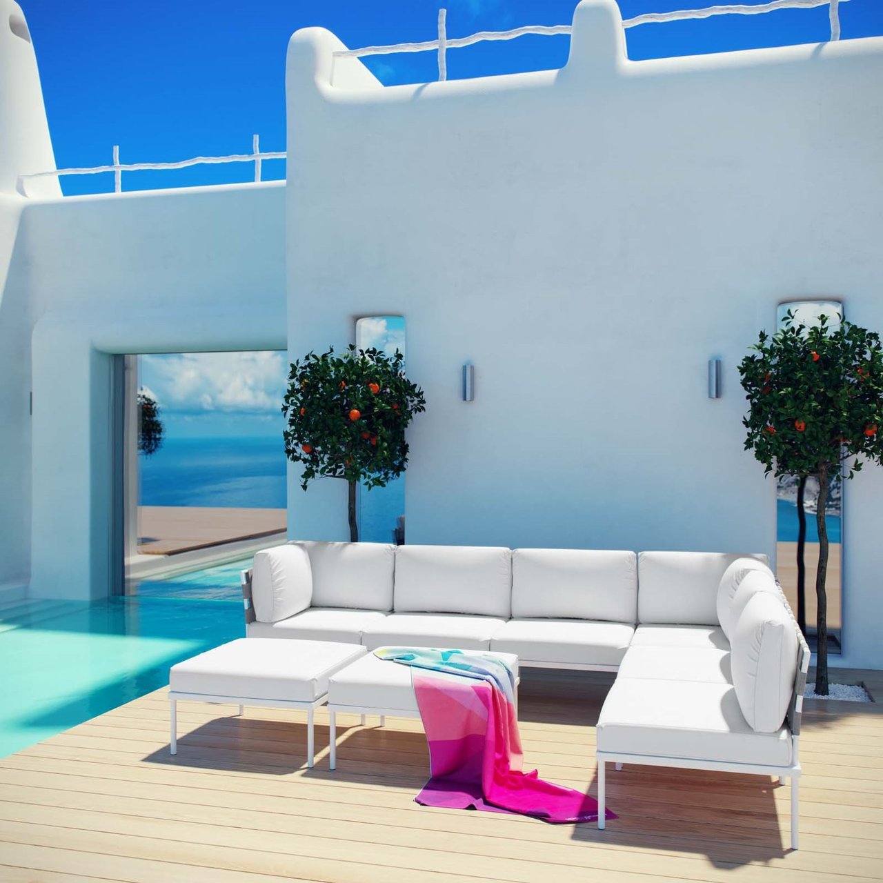 Harmony Eight PCS Outdoor Patio Aluminum Sectional Sofa Set, White, Rattan 11697