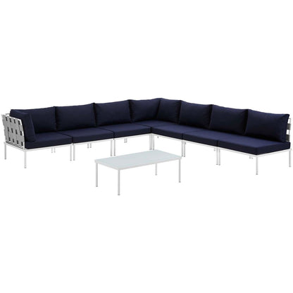 Harmony Eight PCS Outdoor Patio Aluminum Sectional Sofa Set, Navy, Rattan 11700