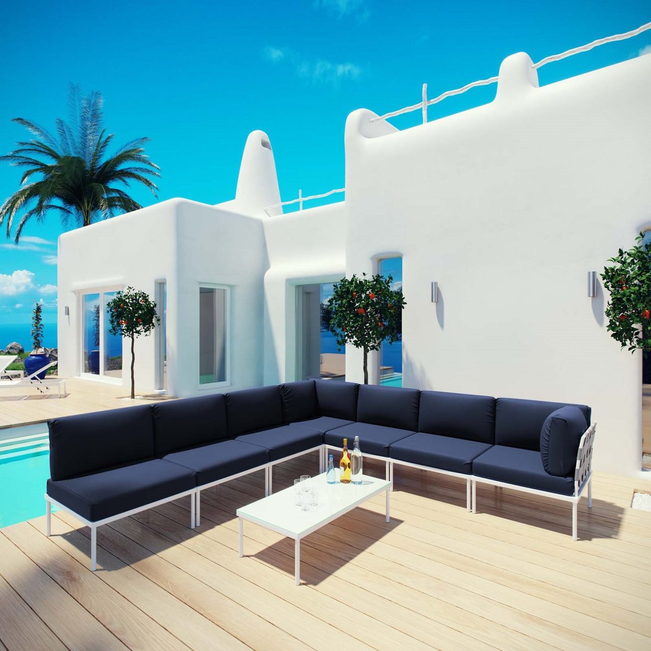 Harmony Eight PCS Outdoor Patio Aluminum Sectional Sofa Set, Navy, Rattan 11700