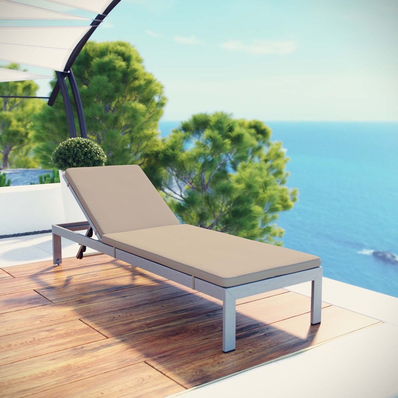 Shore Outdoor Patio Aluminum Chaise with Cushions, Beige, Metal 11761