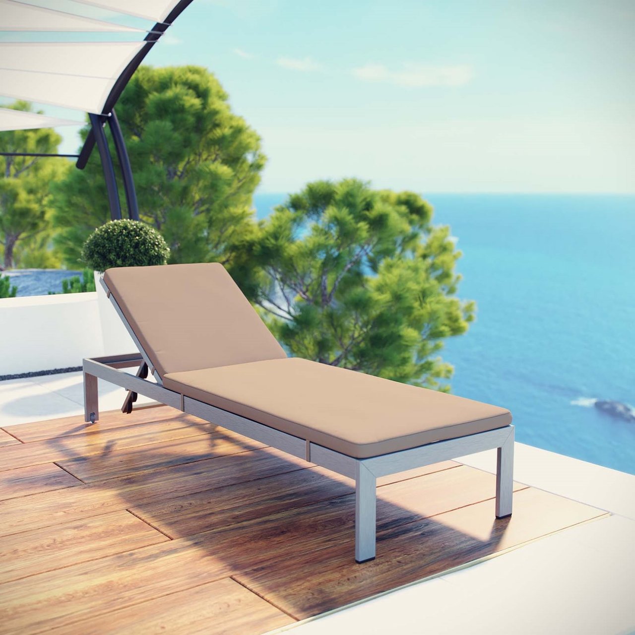 Shore Outdoor Patio Aluminum Chaise with Cushions, Brown, Metal 11763