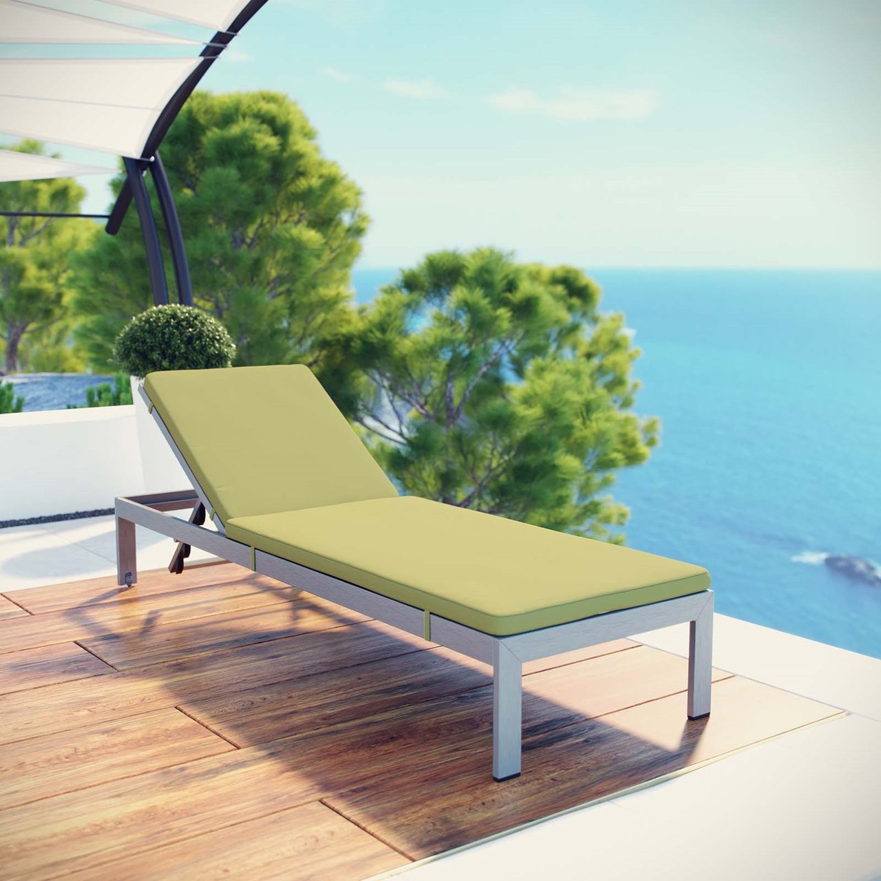 Shore Outdoor Patio Aluminum Chaise with Cushions, Green, Metal 11766