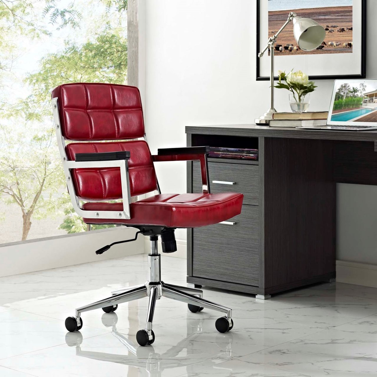 Portray Highback Upholstered Vinyl Office Chair, Red, Faux Leather 13156