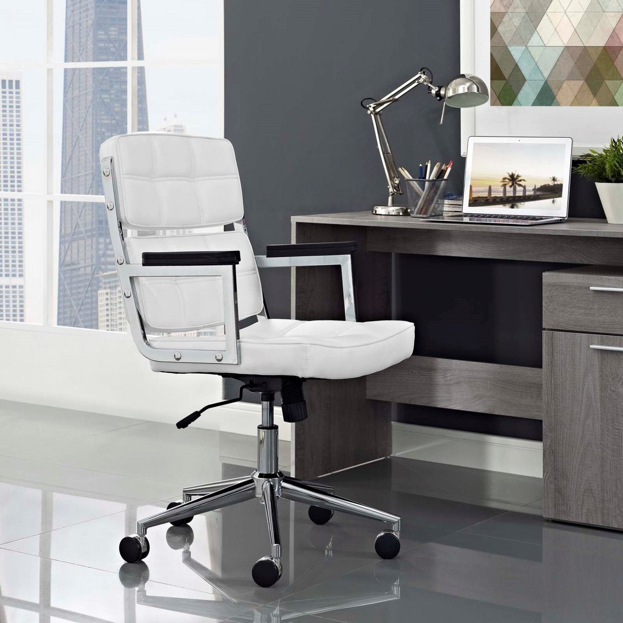 Portray Highback Upholstered Vinyl Office Chair, White, Faux Leather 13157
