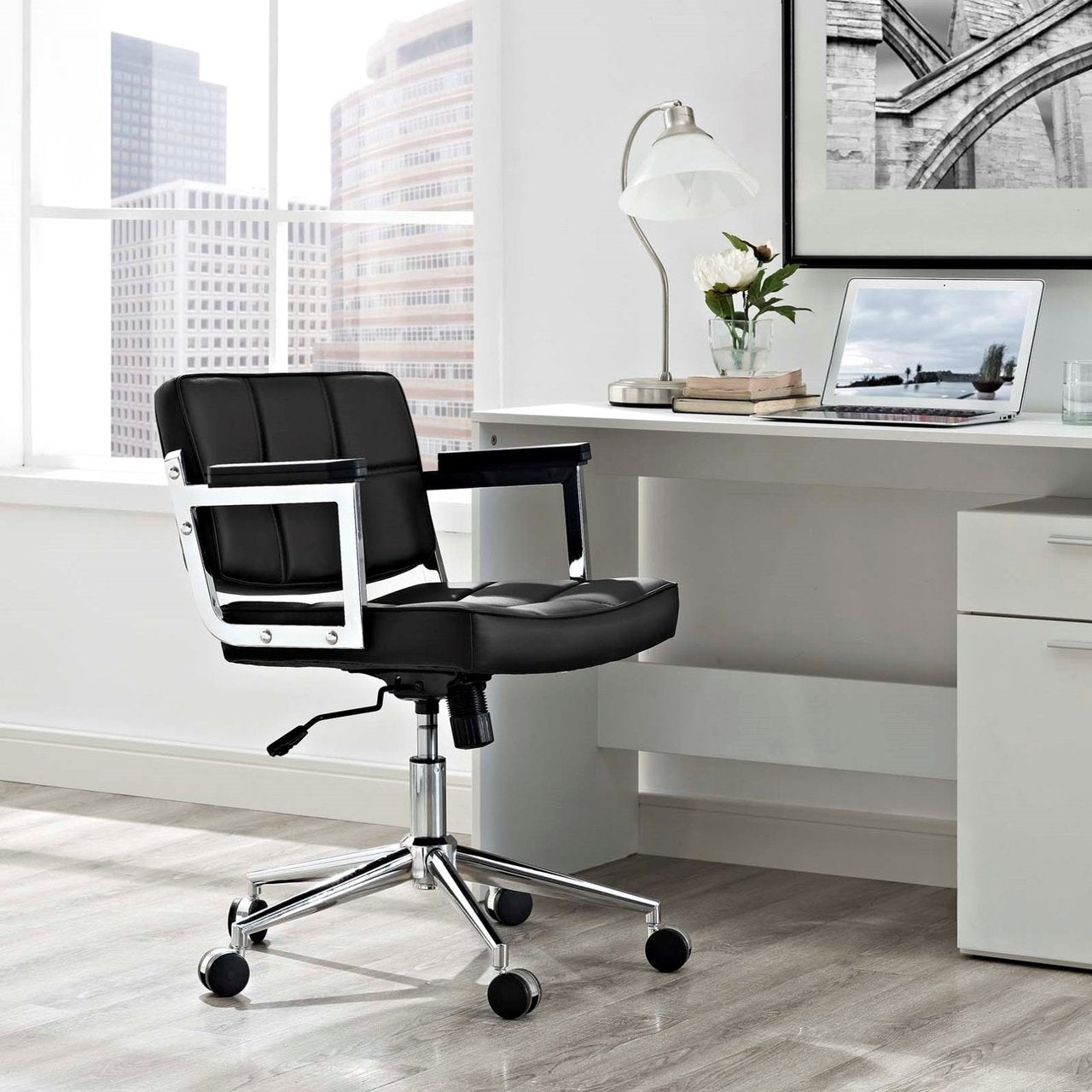 Portray Mid Back Upholstered Vinyl Office Chair, Black, Faux Leather 13158