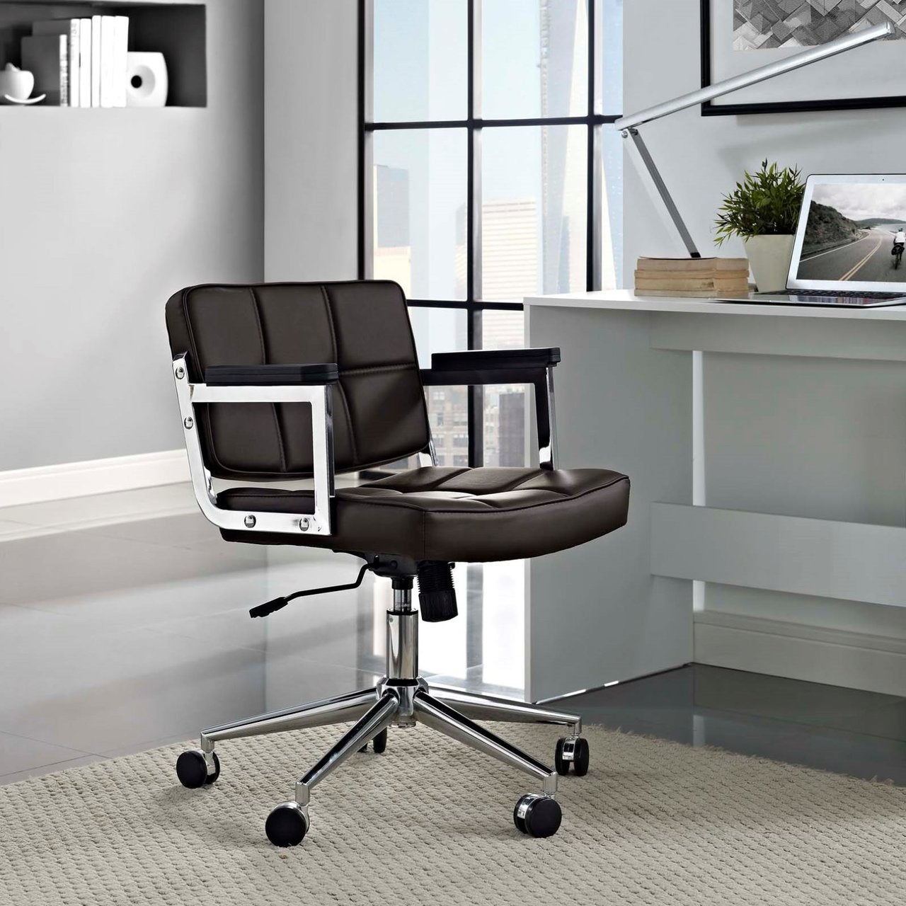 Portray Mid Back Upholstered Vinyl Office Chair, Brown, Faux Leather 13159
