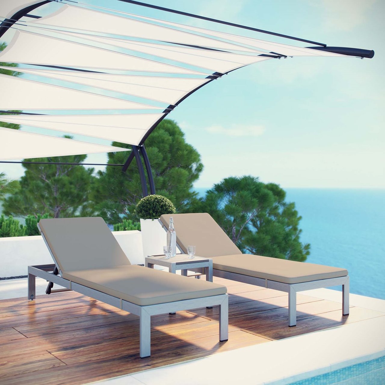 Shore Three PCS Outdoor Patio Aluminum Chaise with Cushions, Beige, Metal 11784