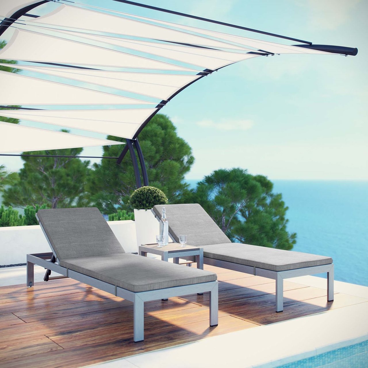 Shore Three PCS Outdoor Patio Aluminum Chaise with Cushions, Grey, Metal 11785