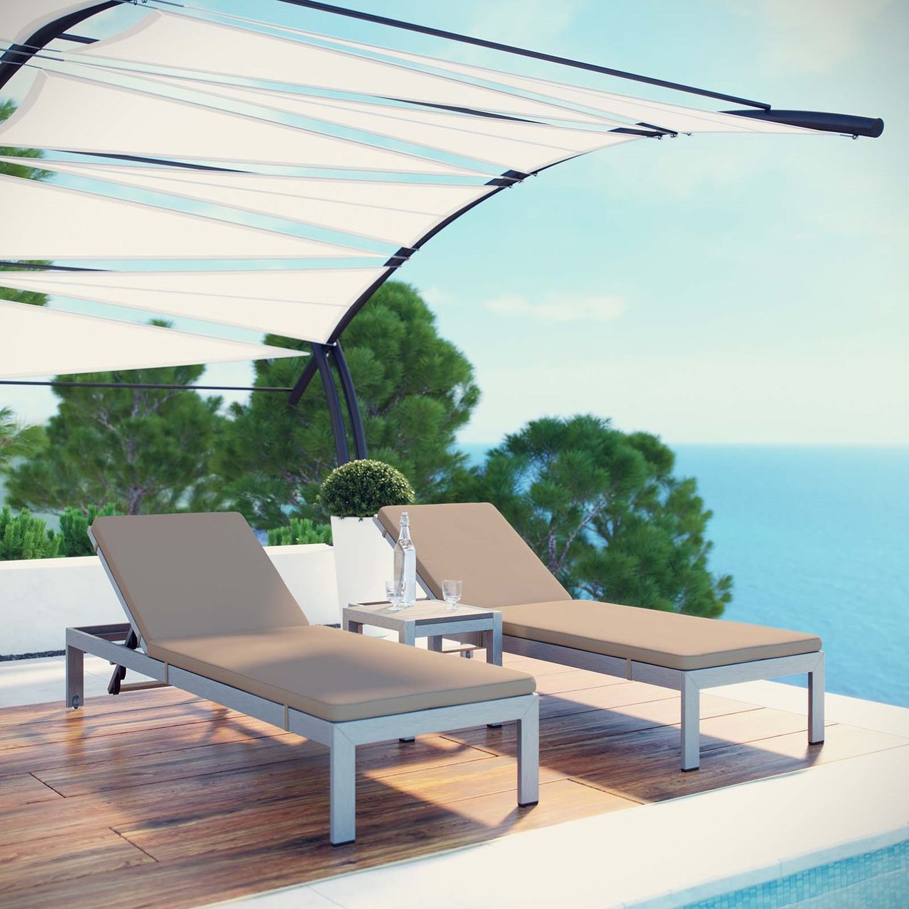 Shore Three PCS Outdoor Patio Aluminum Chaise with Cushions, Brown, Metal 11786