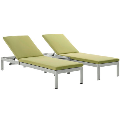 Shore Three PCS Outdoor Patio Aluminum Chaise with Cushions, Green, Metal 11789