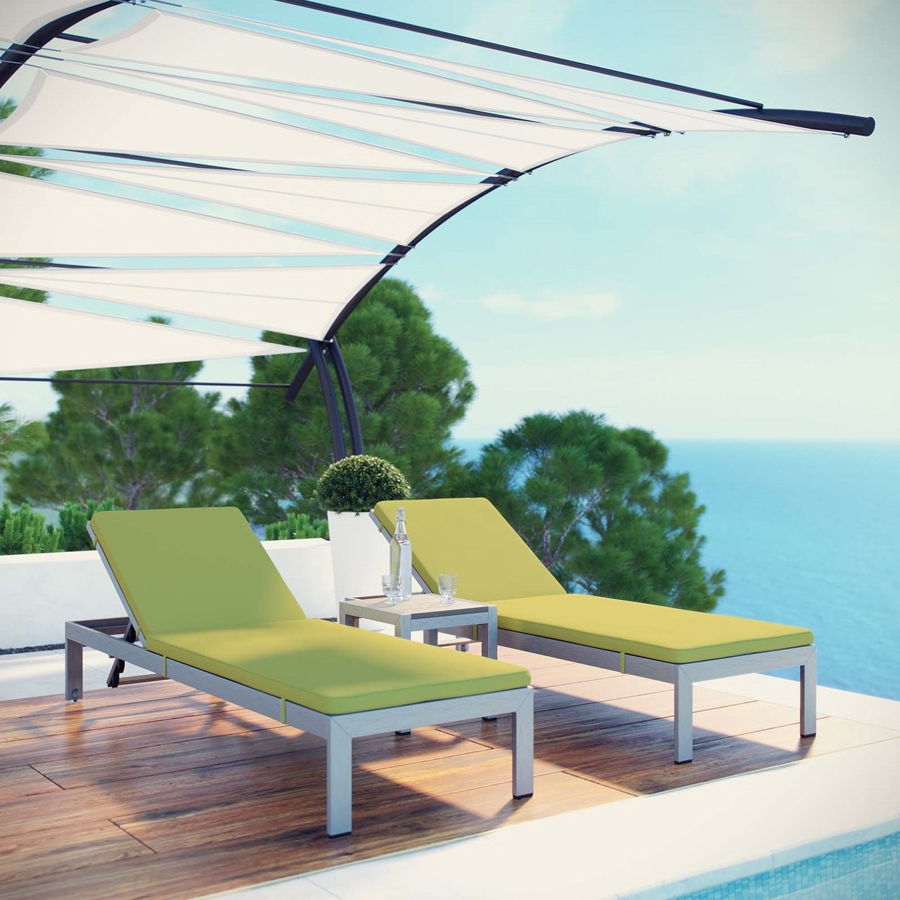 Shore Three PCS Outdoor Patio Aluminum Chaise with Cushions, Green, Metal 11789
