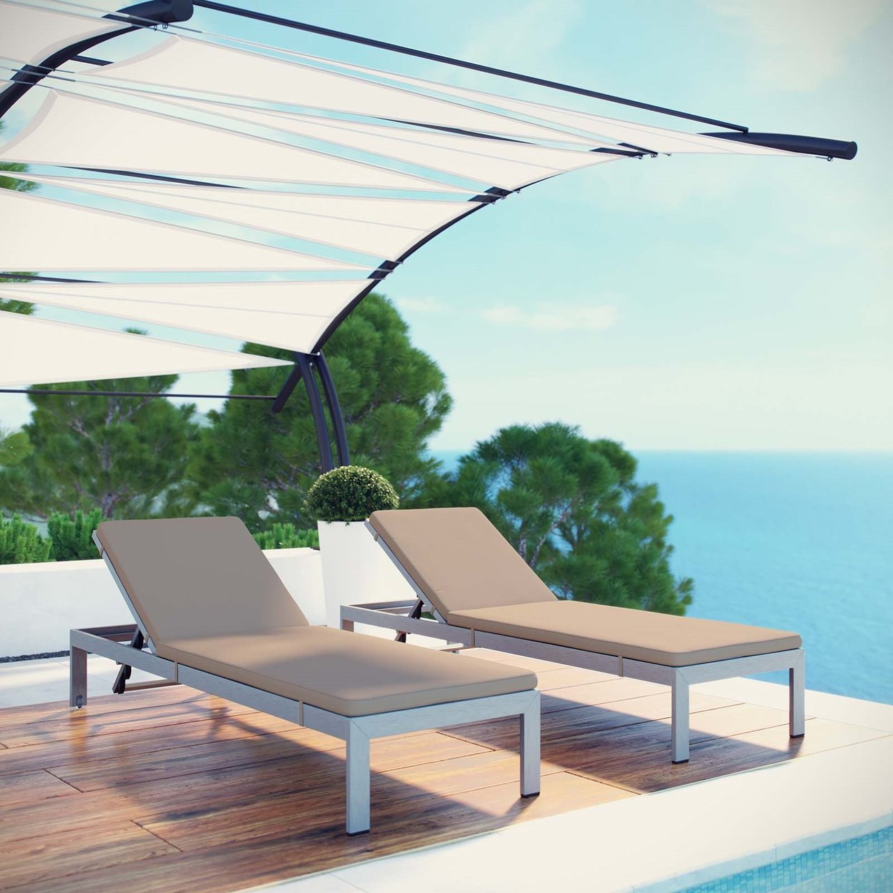 Shore Chaise with Cushions Outdoor Patio Aluminum Set of 2, Brown, Metal 11800