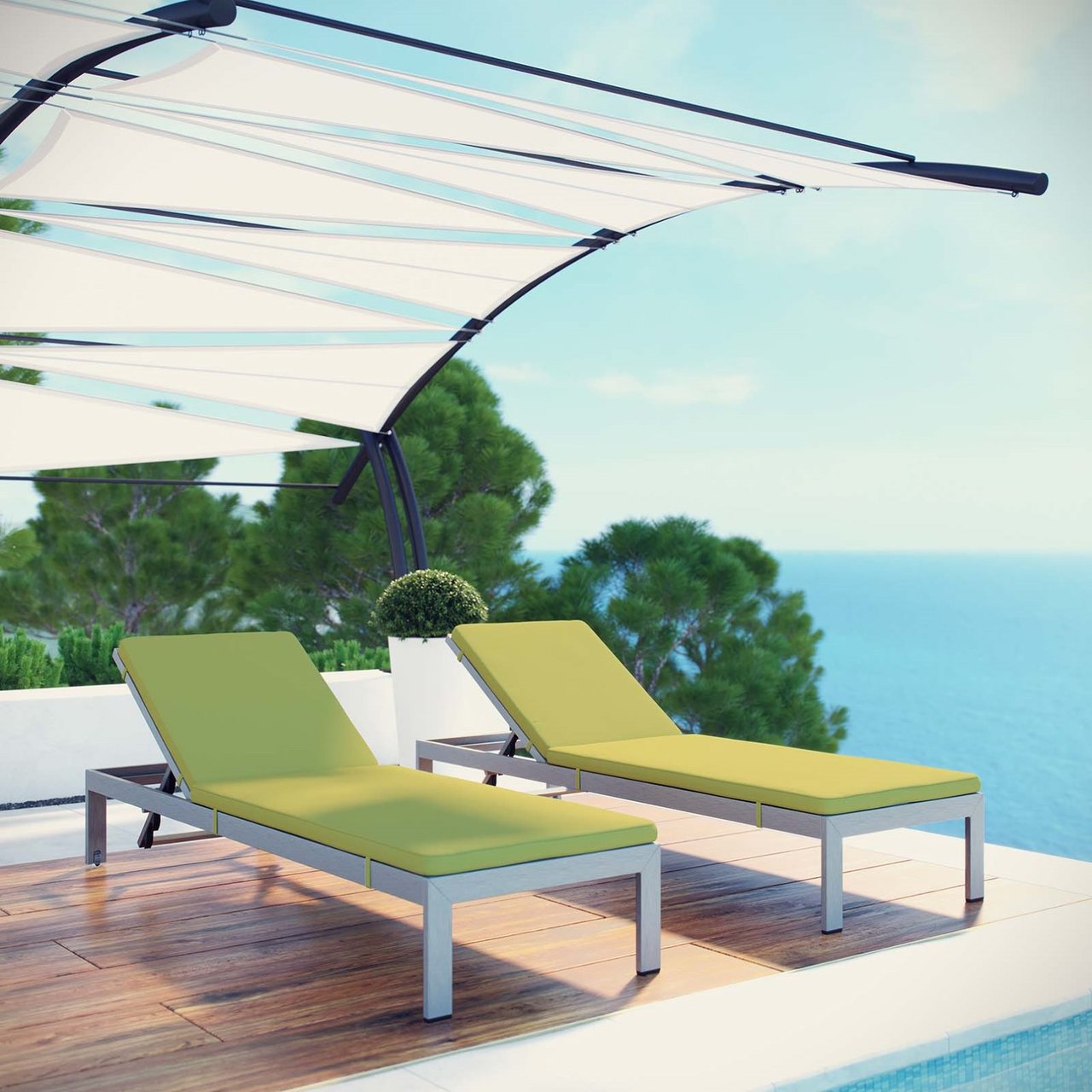 Shore Chaise with Cushions Outdoor Patio Aluminum Set of 2, Green, Metal 11803