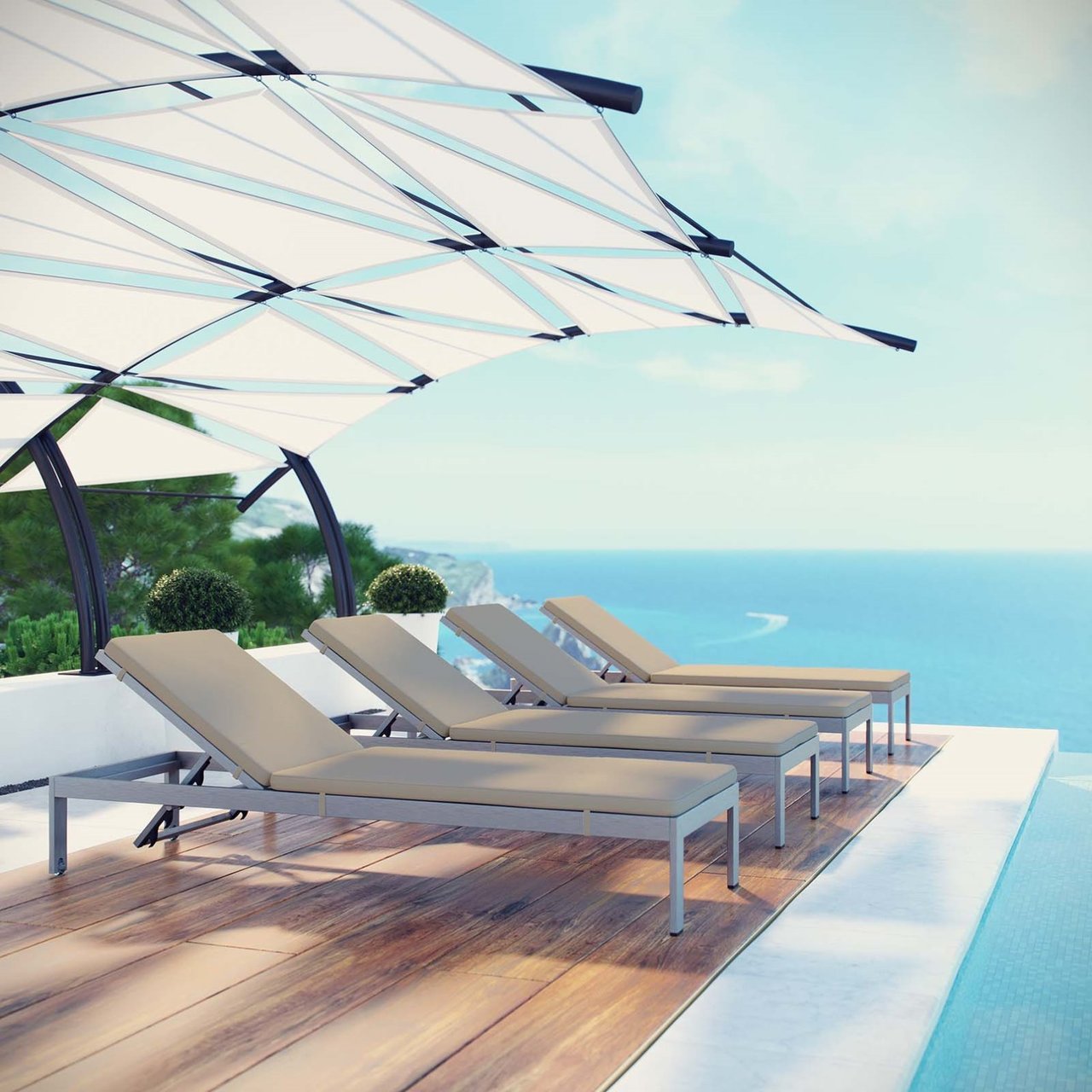 Shore Chaise with Cushions Outdoor Patio Aluminum Set of 4, Beige, Metal 11812