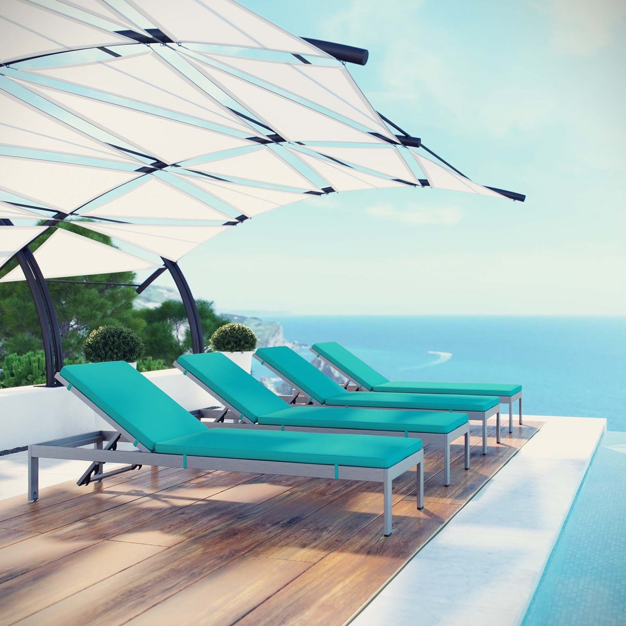 Shore Chaise with Cushions Outdoor Patio Aluminum Set of 4, Blue, Metal 11818