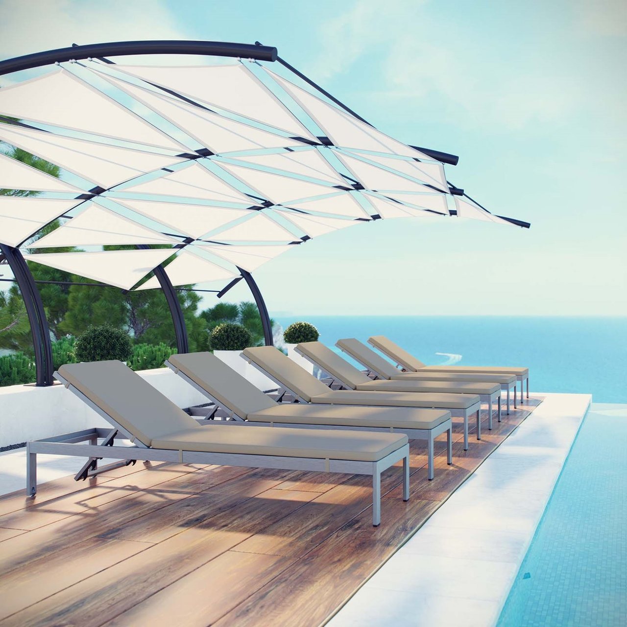 Shore Chaise with Cushions Outdoor Patio Aluminum Set of 6, Beige, Metal 11820