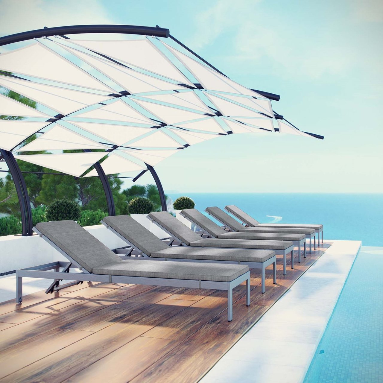 Shore Chaise with Cushions Outdoor Patio Aluminum Set of 6, Grey, Metal 11821