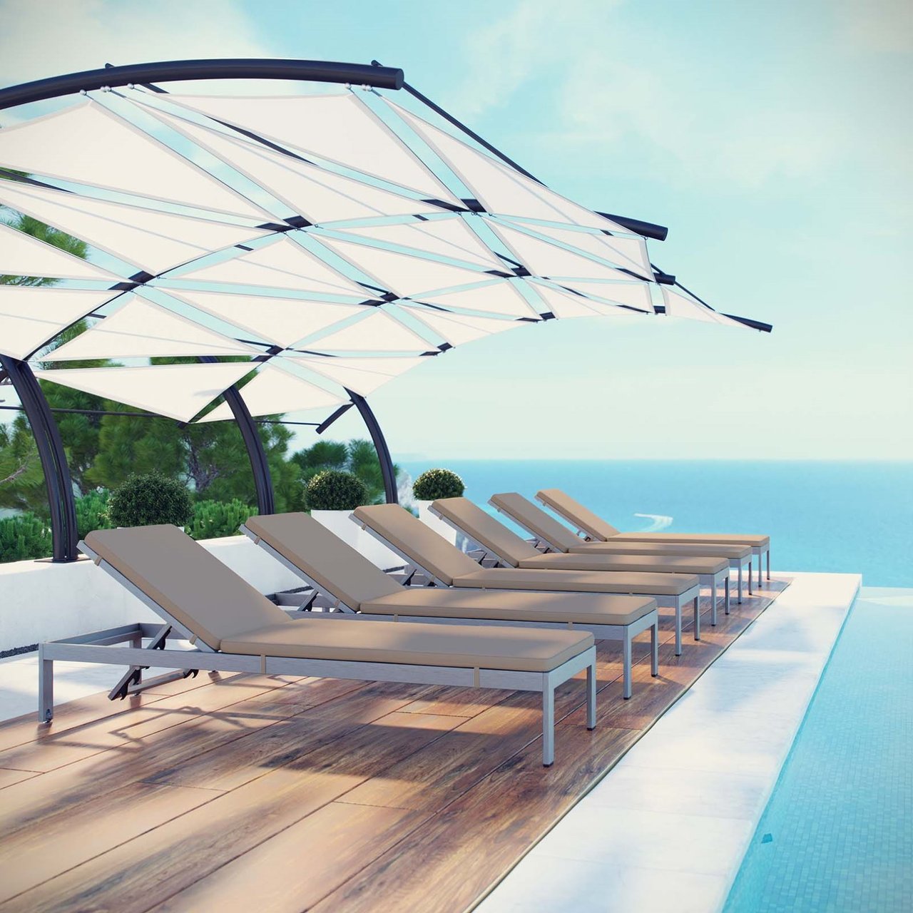 Shore Chaise with Cushions Outdoor Patio Aluminum Set of 6, Brown, Metal 11822