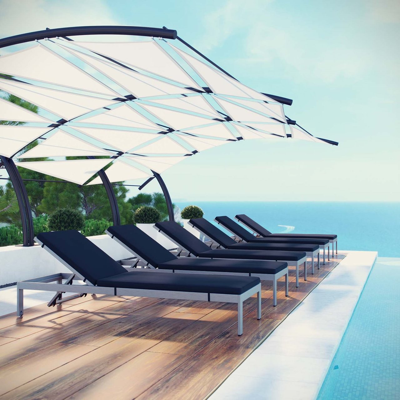 Shore Chaise with Cushions Outdoor Patio Aluminum Set of 6, Navy, Metal 11823