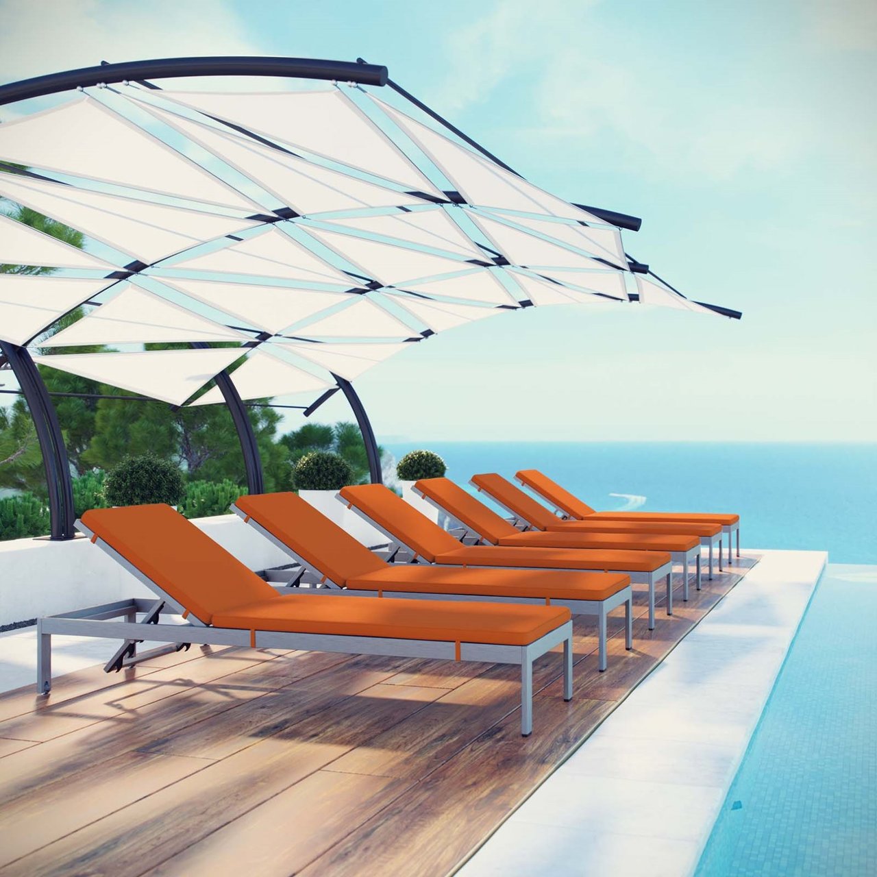 Shore Chaise with Cushions Outdoor Patio Aluminum Set of 6, Orange, Metal 11824