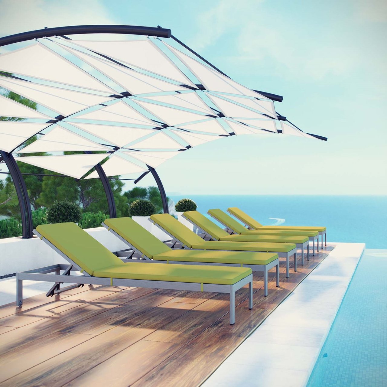 Shore Chaise with Cushions Outdoor Patio Aluminum Set of 6, Green, Metal 11825