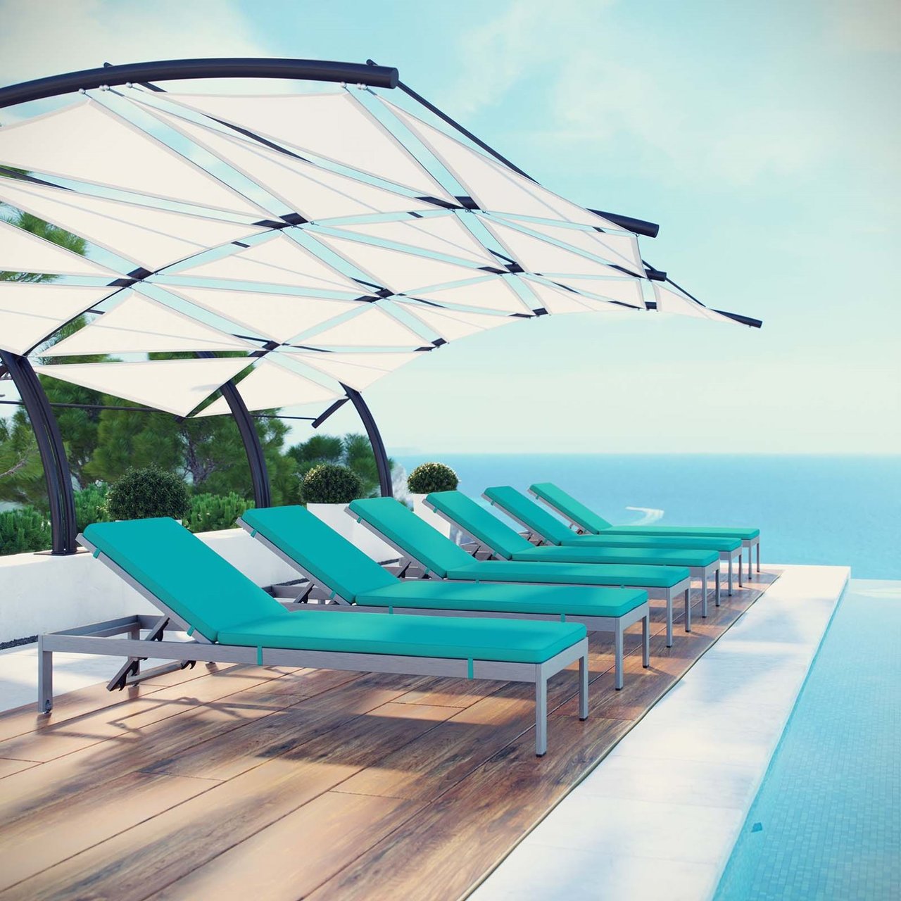 Shore Chaise with Cushions Outdoor Patio Aluminum Set of 6, Blue, Metal 11826