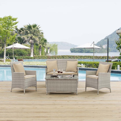 Bridge Four PCS Outdoor Patio Patio Conversation Set with Pillow Set, Beige, Rattan 11944
