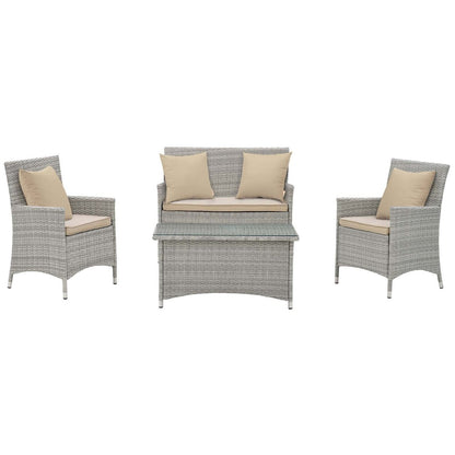 Bridge Four PCS Outdoor Patio Patio Conversation Set with Pillow Set, Beige, Rattan 11944