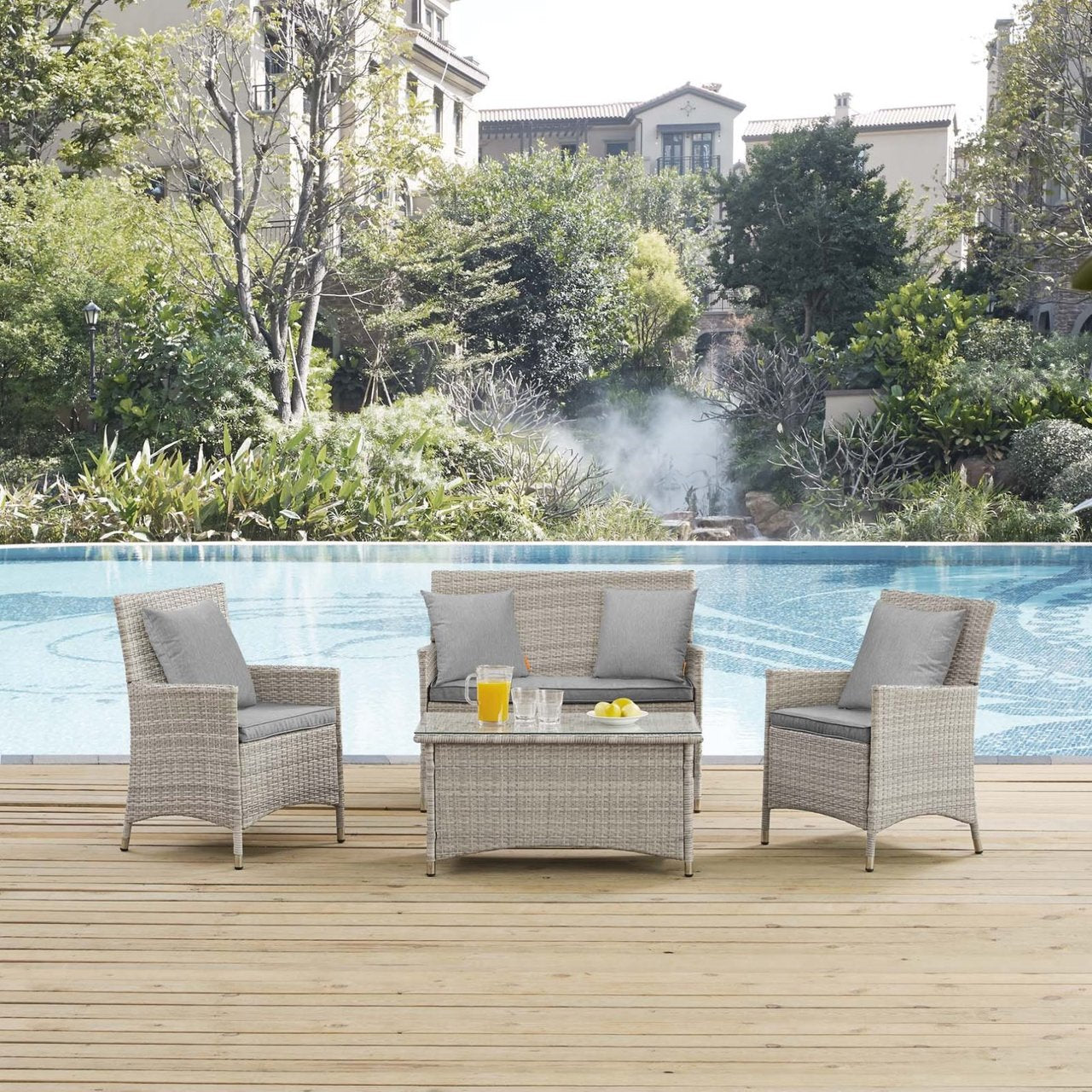 Bridge Four PCS Outdoor Patio Patio Conversation Set with Pillow Set, Grey, Rattan 11945