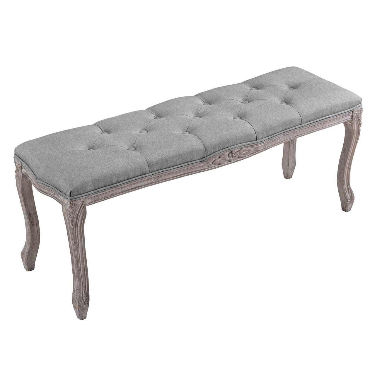 Regal Vintage French Upholstered Fabric Bench, Fabric Wood, Light Grey Gray 13669