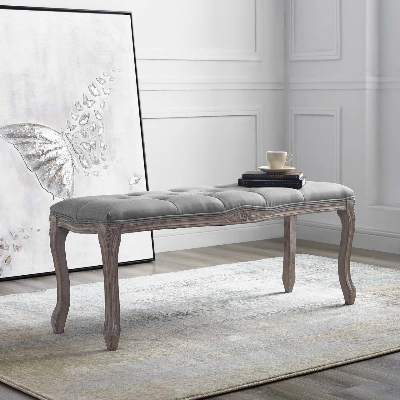 Regal Vintage French Upholstered Fabric Bench, Fabric Wood, Light Grey Gray 13669