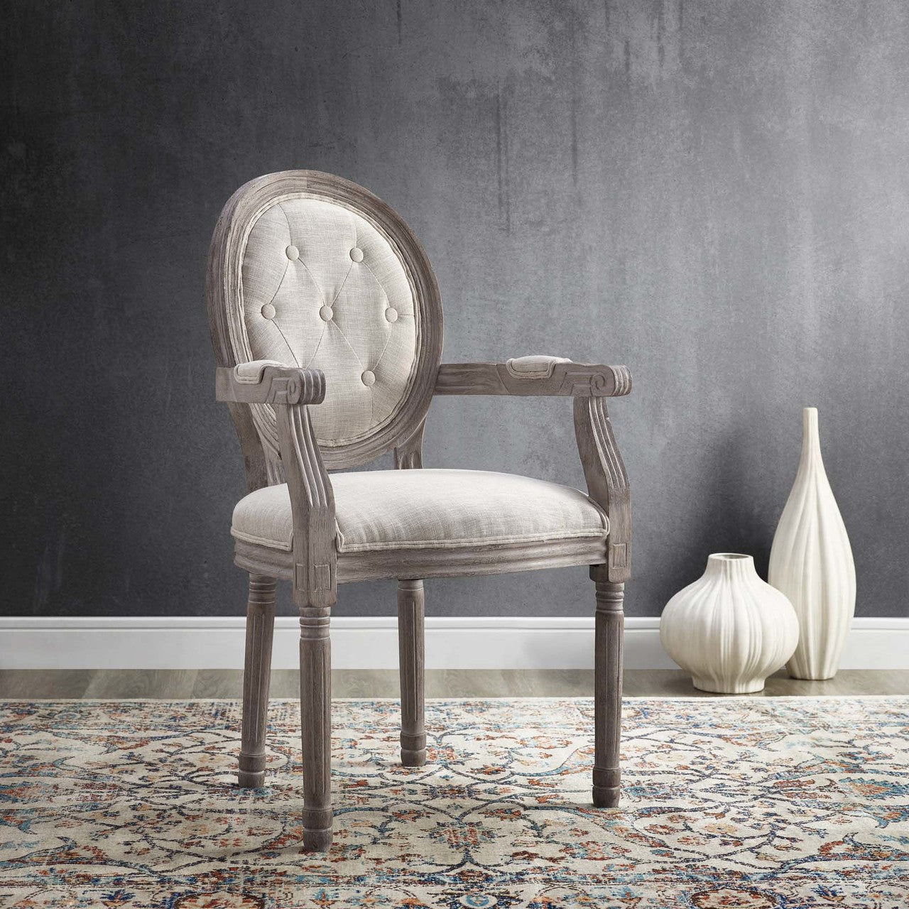 Arise Vintage French Upholstered Fabric Dining Armchair, Fabric, Beige 13672