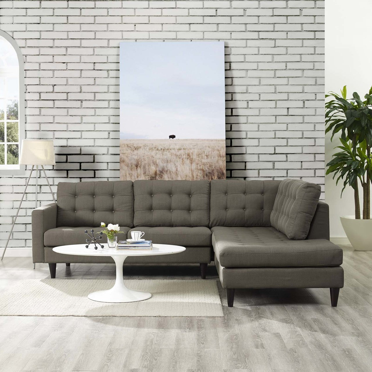 Empress 2 Piece Upholstered Fabric Right Facing Bumper Sectional, Fabric, Grey Gray 13676