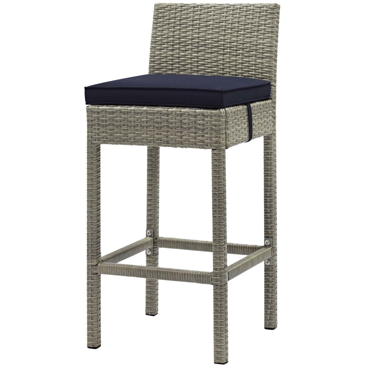 Conduit Outdoor Patio Wicker Rattan Bar Stool, Rattan Wicker, Navy Blue Light Gray 15147