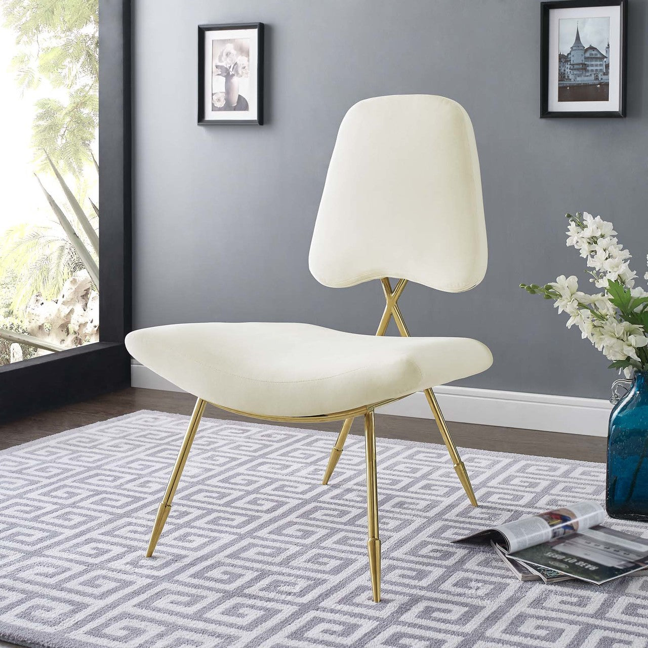 Ponder Upholstered Velvet Lounge Chair, Velvet Fabric Metal Steel, Ivory White 13686