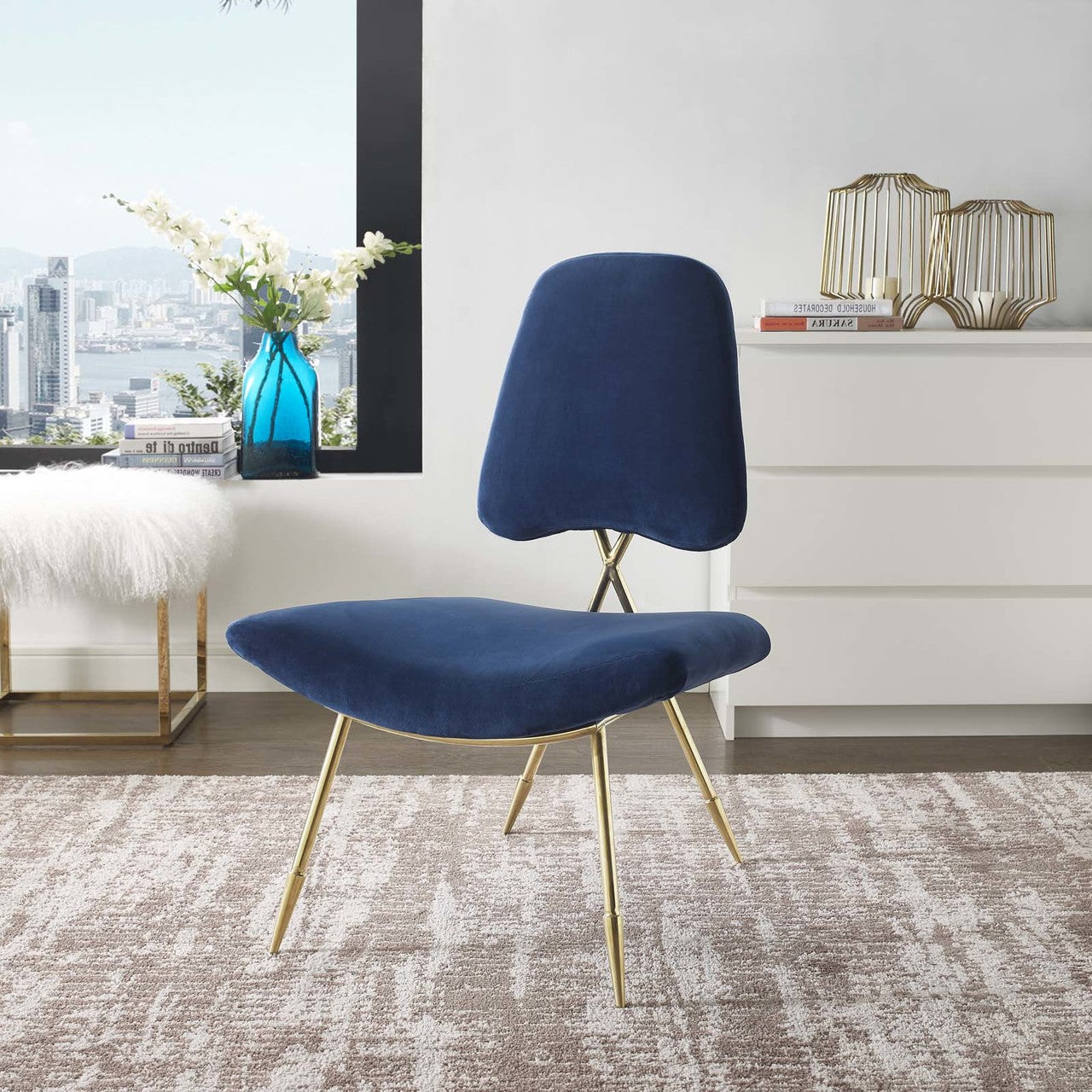 Ponder Upholstered Velvet Lounge Chair, Velvet Fabric Metal Steel, Navy Blue 13687