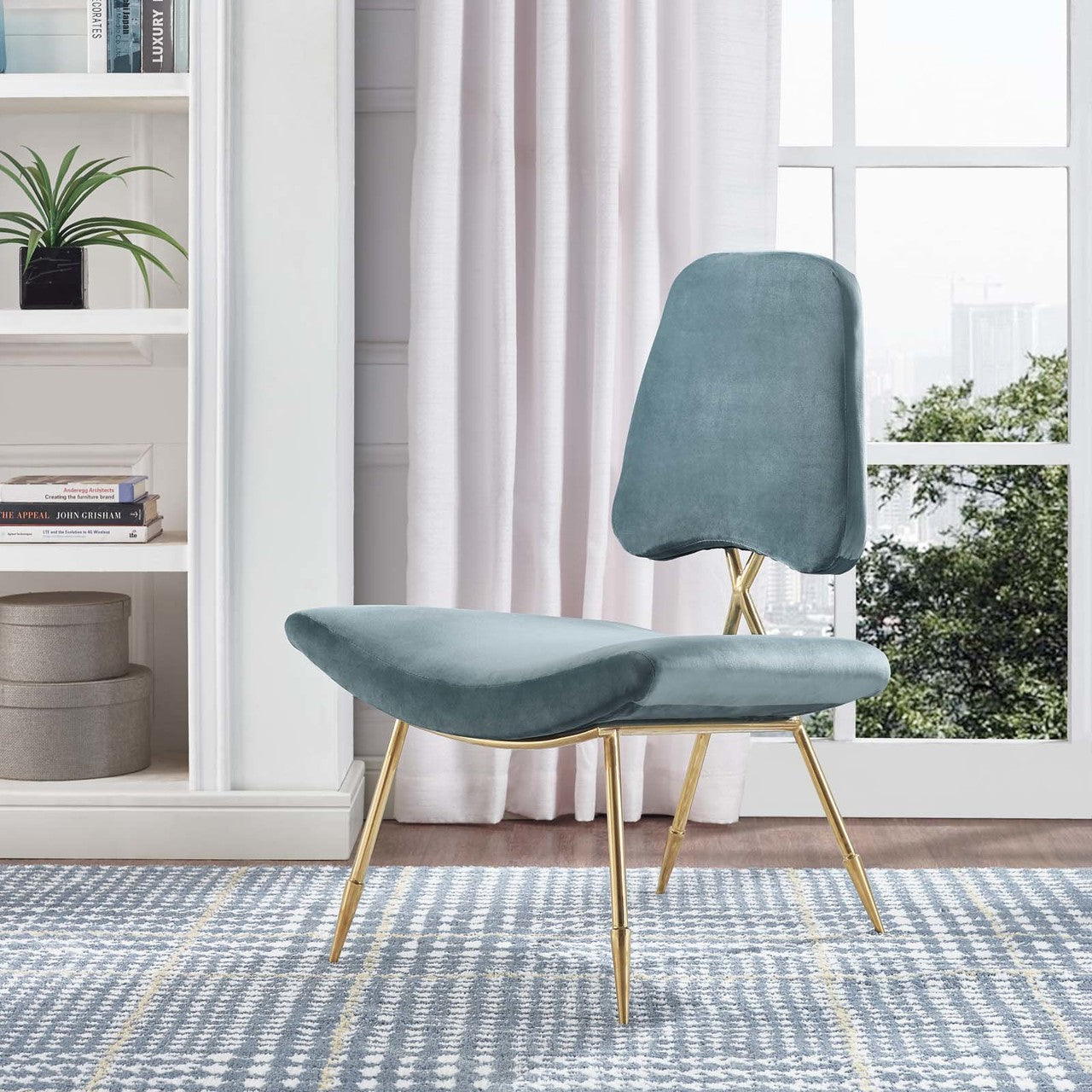 Ponder Upholstered Velvet Lounge Chair, Velvet Fabric Metal Steel, Blue 13688