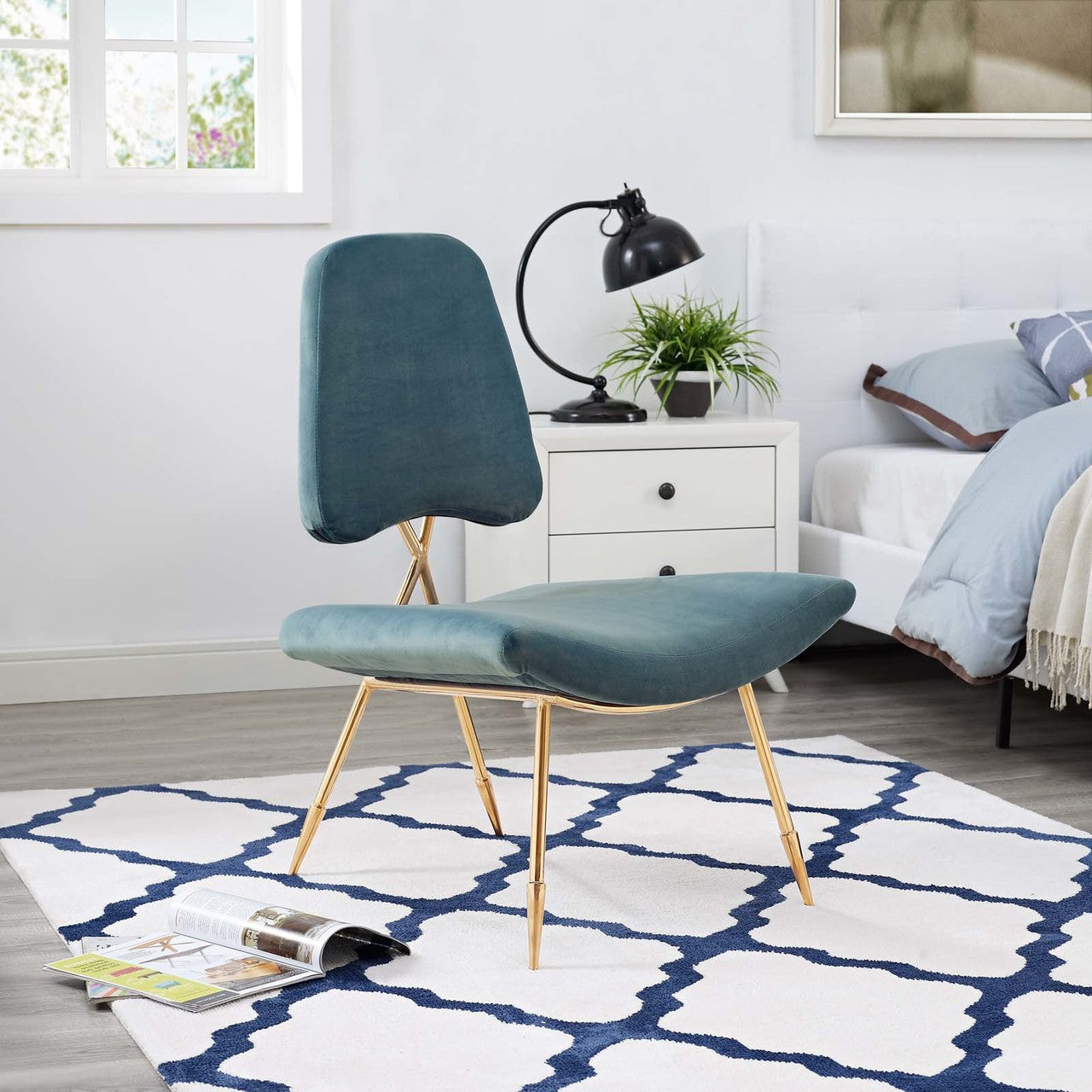Ponder Upholstered Velvet Lounge Chair, Velvet Fabric Metal Steel, Blue 13688