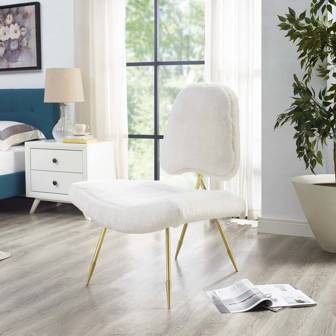 Ponder Upholstered Sheepskin Fur Lounge Chair, Metal Steel Skin, White 13690