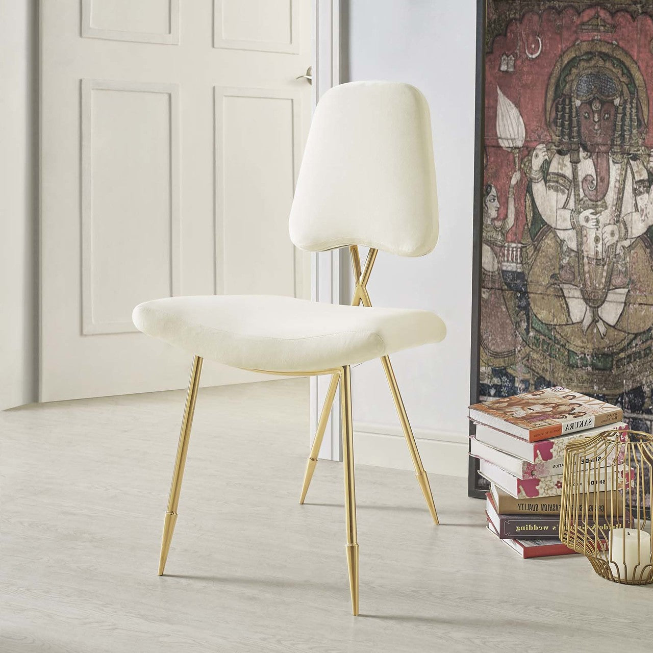 Ponder Upholstered Velvet Dining Side Chair, Velvet Fabric Metal Steel, Ivory White 13693