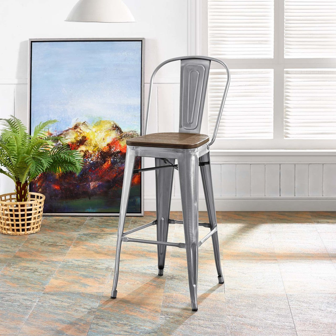 Promenade Bar Stool, Metal Steel Wood, Silver 13702