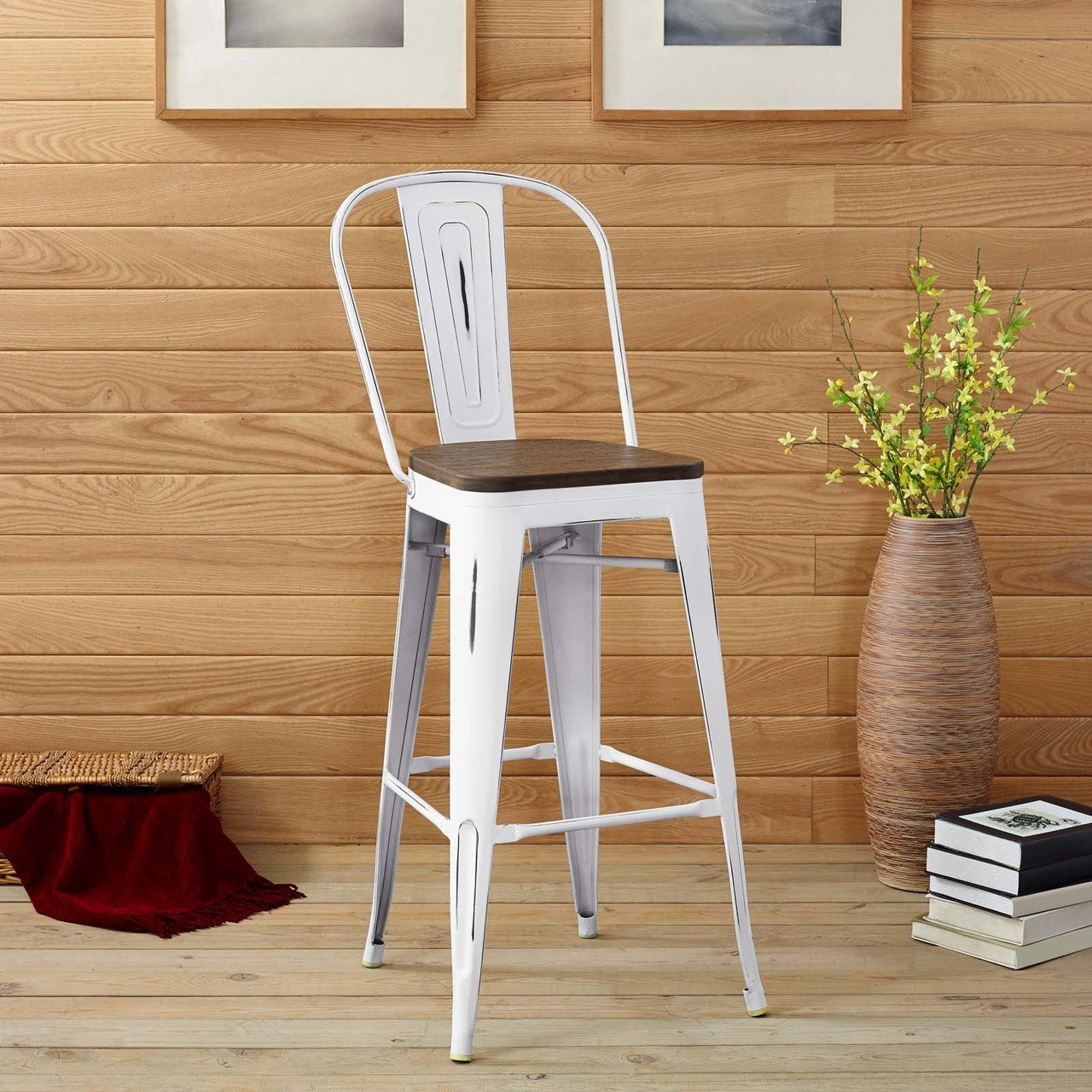 Promenade Bar Stool, Metal Steel Wood, White 13703