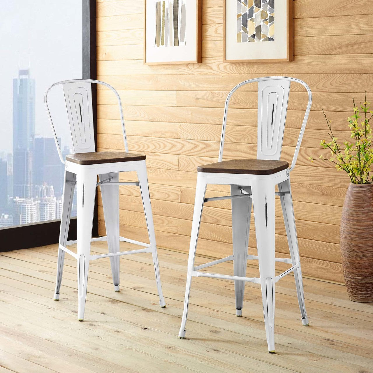 Promenade Bar Stool, Metal Steel Wood, White 13703