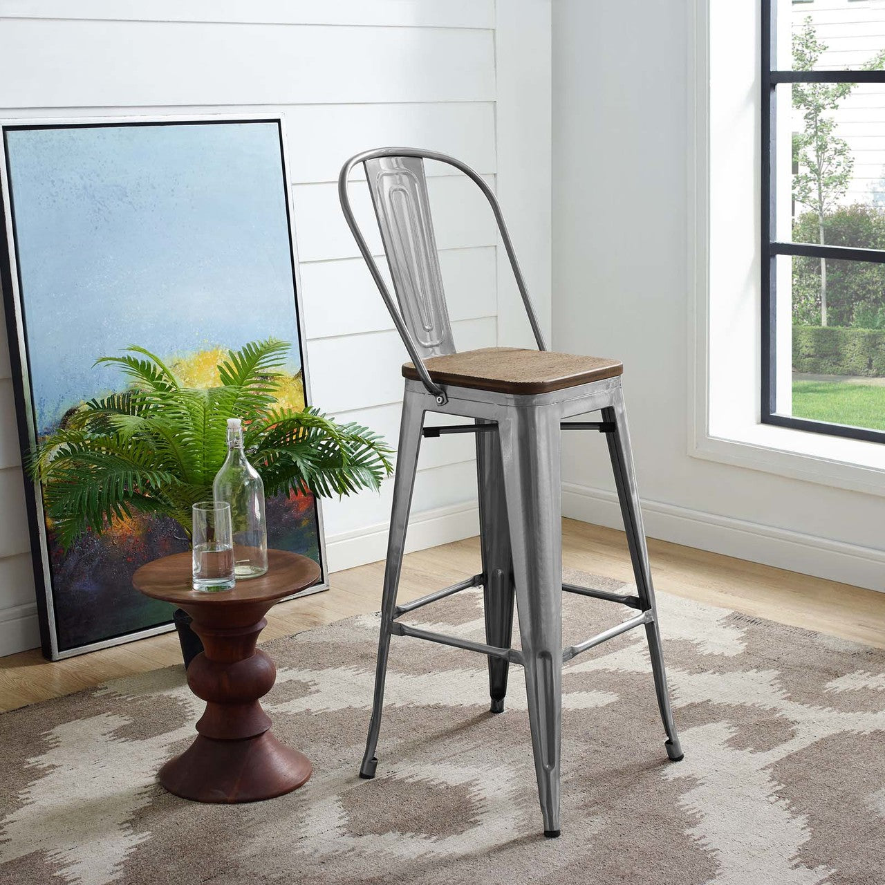 Promenade Metal Bar Stool, Metal Steel Wood, Silver 13709