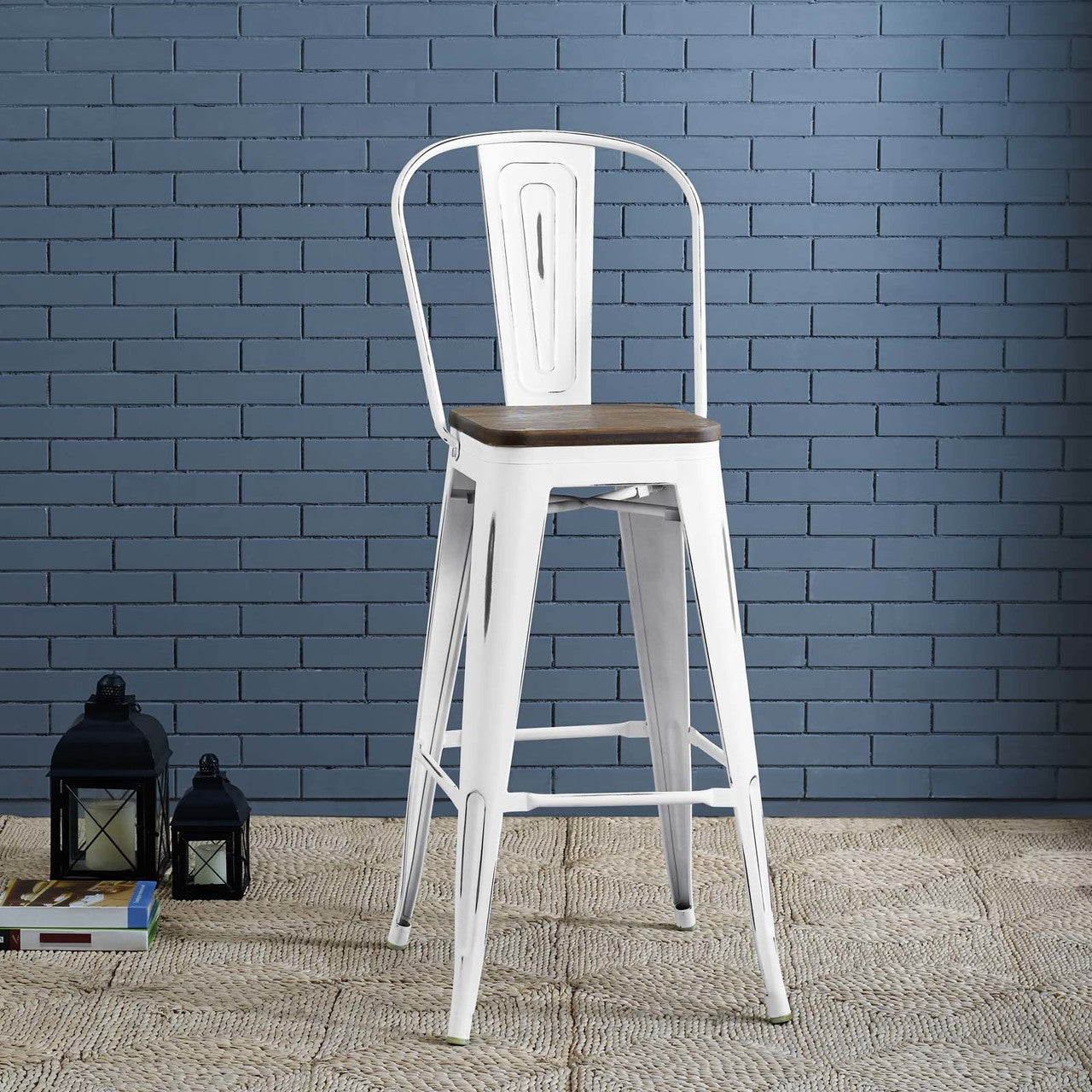 Promenade Metal Bar Stool, Metal Steel Wood, White 13710