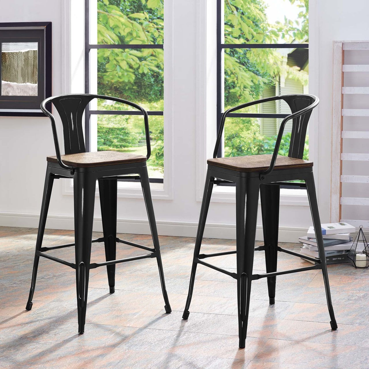Promenade Bar Stool, Metal Steel Wood, Black 13714